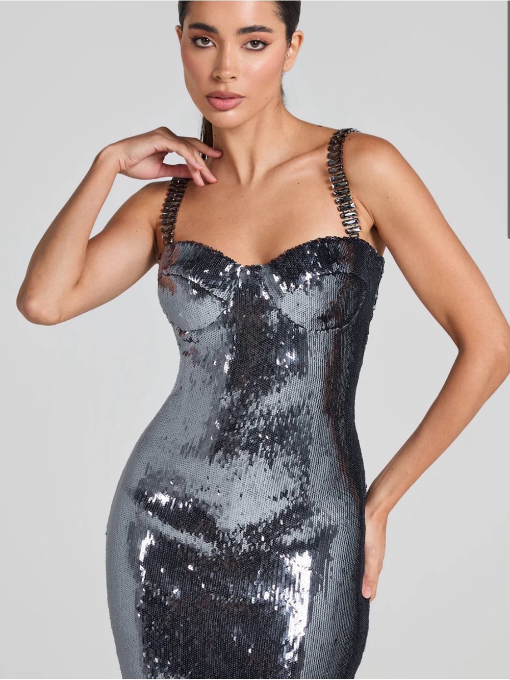 NADINE MERABI Brooke gunmetal embellished sequin bodycon corset midi dress - Picture 3 of 9